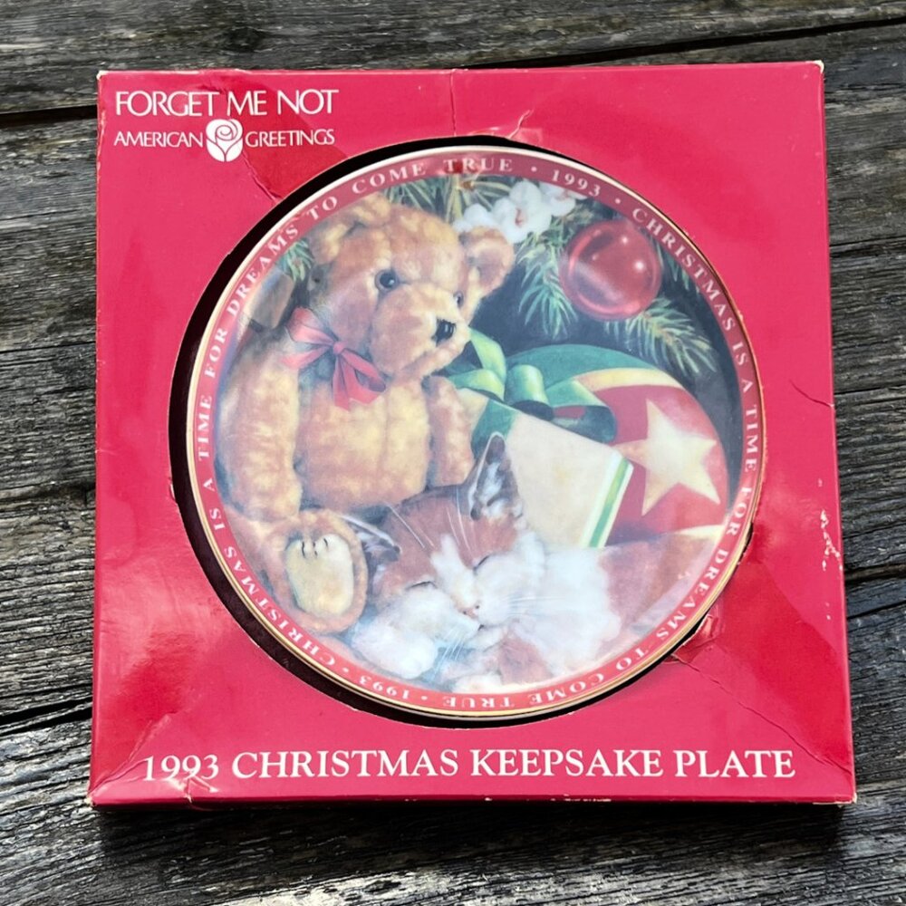 Vintage 1993 American Greetings Christmas Keepsake Plate in Box Teddy Bear Cat